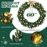 60in Pre-lit Christmas Wreath, Lighted Artificial Xmas Wreath with 220 Warm White Lights and 600 PVC 26045685