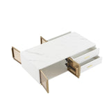 Modern White Coffee Table with 2 Glass Door Storage, 4 Drawers, Gold Metal Legs, and Multi-Color N735P167909