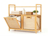 32 Inch Double Compartment Bamboo Laundry Organizer Freestanding Cabinet, Raised Guardrail Top Shelf 52897396