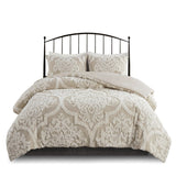 3 piece Tufted Cotton Chenille Damask Comforter Set Taupe King/Cal King B03597174