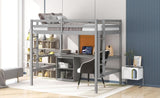 Full size Loft Bed with Desk and Writing Board, Wooden Loft Bed with Desk & 2 Drawers Cabinet- Gray 96271078