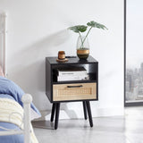 15.75" Rattan End table with Power Outlet & USB Ports , Modern nightstand with drawer and solid wood W126573111