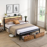 ZUN Queen Size Bed Frame with Storage Headboard and 2 Drawers, LED Lights Bed with Charging Station, W1916126253