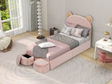 Twin Size Upholstered Platform Bed Frame with Cartoon Bear Ears Shaped Headboard for Kids Teens W3004P230681