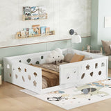 Full Size Floor Bed with Heightened Safety Guardrails and Door, Solid Wood Bedframe with Rails for W1820P240541