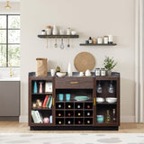 ZUN Double Glass Door with Single Drawer and 12-Bottle Wine Rack Sideboard in Black Frame + Gray-Brown 56154679