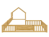 Twin Size House Floor Bed, Double Twin Floor Bed with Door and Full-length Guardrails, W1580P327129