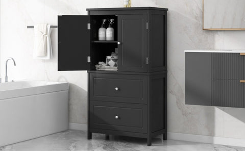 ZUN Bathroom Storage Cabinet, Cabinet with Two Doors and Drawers, Adjustable Shelf, MDF Board, Black N725P188460B