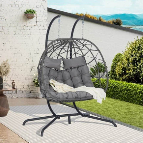 ZUN 2 Person Outdoor Rattan Hanging Chair Patio Wicker Egg Chair W874P146255