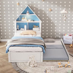 ZUN Twin Size House-Shaped Bed with Bookcase Headboard and Led Light and Twin Size Trundle for Kids Boys WF530847AAC