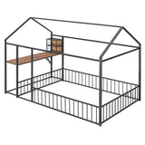 Full Size Metal Bed House Bed Frame with Desk, Shelves, Power Outlets and USB Ports, Black N737P173491B