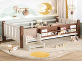 Twin Size Floor Bed with Storage Bookcases, Solid Wood Kids Floor Bed with Cute Stairs and W1580P390214
