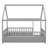 Full Size Floor Wooden Bed with House Roof Frame, Fence Guardrails,Grey W1858123988