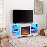 ZUN TV Stand Electric Fireplace TV Stand Glass Shelves, 3D Fireplace TV Stand LED Lights Wood 56937921