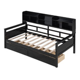 Twin size Daybed, Wood Slat Support, with Bedside Shelves and Two Drawers, Espresso N708P245183P