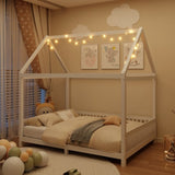 Wood Full Size House Bed with Guardrail and LED, White N709P177524K
