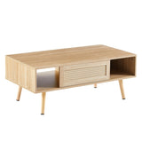 ZUN 41.34" Rattan Coffee table, sliding door for storage, solid wood legs, Modern table for living room 94308535