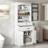 White Bathroom Storage Cabinet with Two Doors, Drawers, Adjustable Shelf & Three Open Shelves N725P252486K