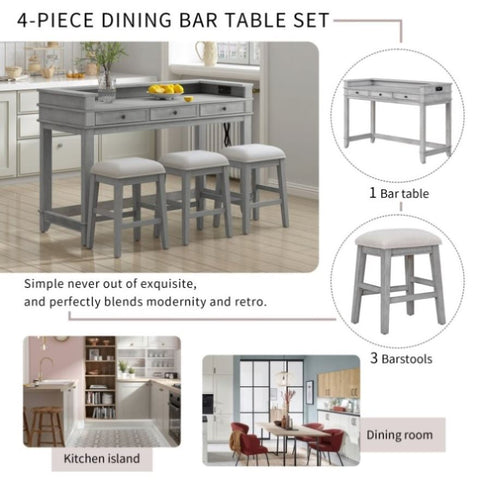 ZUN 4-piece Dining Bar Table Set with 3 Upholstered Stools, Multifunctional Dining Table with 3 Drawers 03580224