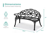 Outdoor Cast Aluminum Patio Bench, Porch Bench Chair with Curved Legs Rose Pattern, Black 01485098