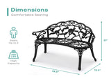 Outdoor Cast Aluminum Patio Bench, Porch Bench Chair with Curved Legs Rose Pattern, Black 50857414