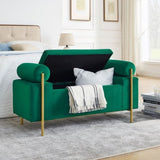 Elegant Upholstered Velvet Storage Bench with Cylindrical Arms and Iron Legs for Hallway Living Room W487128012