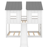 Twin over Twin House Bunk Bed with Slide and Windows,White 56897346