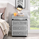 Mirrored Nightstand with 3 Drawers, Silver Nightstand with Crystal Inlay, Mirror End Table, Modern W1005P248529