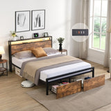 ZUN Full Size Bed Frame with Storage Headboard and 2 Drawers, LED Lights Bed with Charging Station, 72694390