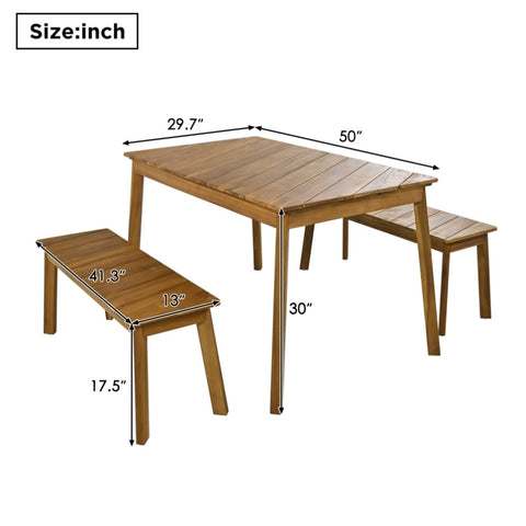 ZUN 3 Pieces Acacia Wood Table Bench Dining Set For Outdoor & Indoor Furniture With 2 Benches, Picnic 45376556