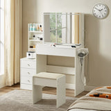 ZUN Vanity table with LED-lit mirror with power outlet and hairdryer shelving, with 4 drawers and W1668P197385