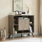 Compact display storage sideboard bookcase cabinet two door four open shelves metal knobs wooden B107P320791