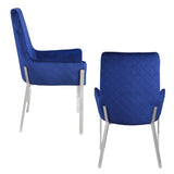 Set of 2 Blue Velvet Upholstered Side Chairs in Mirrored Silver Finish B016P324715