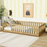 Twin Size Floor Bed with Fence without Door, Rubber Wood Floor Bed with Safety Guardrails,Natural W504P296796