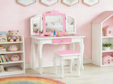 Children's Wooden Dressing Table Three-Sided Folding Mirror Dressing Table Chair Single Drawer Blue 21682887