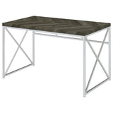 ZUN Rustic Grey Herringbone and Chrome Writing Desk B062P153674