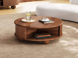 Round Fluted Coffee Table with Storage, Pine Solid Wood, Sliding Door, Walnut, 31.8" 90275322
