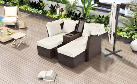 ZUN 2-Seater Outdoor Patio Daybed Outdoor Double Daybed Outdoor Loveseat Sofa Set with Foldable Awning 97443027