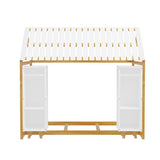 Wooden Twin Size House Bed with Fence and Roof, Kids Floor Bed with Two Movable Wardrobes, Natural N733P240134M
