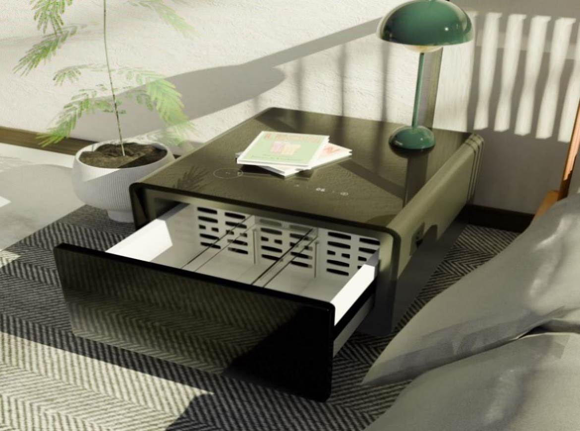 Monolithic Rectangular Smart Side Table Modern Smart Side Table with Built-in Fridge, Wireless Charging, Tempe ...