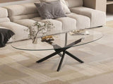 Oval Coffee Table with Tempered Glass Top and Black Metal Legs, Modern Side Table and 40327571