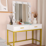 ZUN Single Mirror With 2 Drawers And Light Bulbs, Steel Frame Dressing Table White 06352762