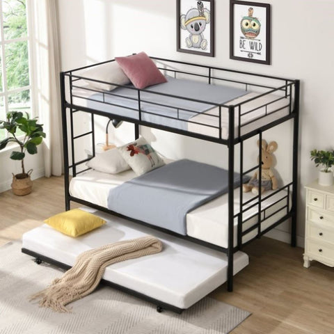 ZUN Over Twin Bunk Bed Frame with Trundle,Metal Bunkbed with Sturdy Guard Rail and 2 sideLadders for W1916115338