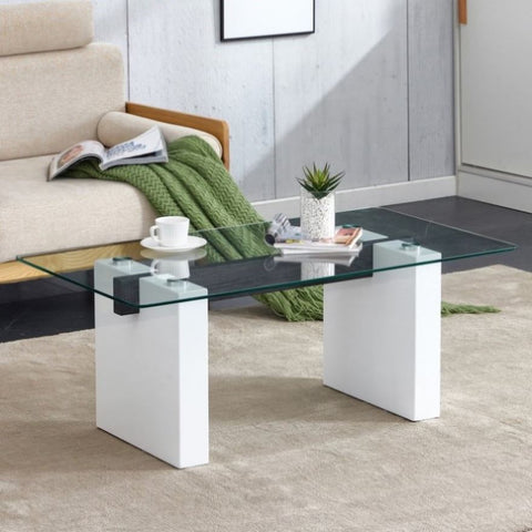 ZUN Modern minimalist transparent tempered glass coffee table , paired with white MDF decorative W1151P152768