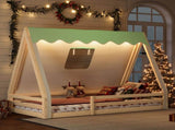 Twin Size House Floor Bed with Tent and Light, Solid Wood Teepee Floor Bed with Full-length W1580P369466