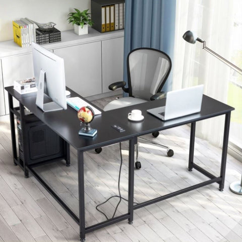 ZUN L-Shaped Desktop Computer Desk with Power Outlets & Shelf Tiger Black 06147125