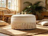 Round Storage Ottoman Bench, 23.23 Inch Upholstered Footstool with Tassel Fringe, 300 lbs W5501P548365
