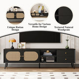 70" TV Stand for TVs up to 80 Inches, Mid Century Modern Entertainment Center with Rattan Doors, 2 N710P295759B