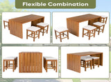 5 Piece Outdoor Set, Patio Acacia Wood Height Table & Four Stools with Cushions, Wood Dining 88788867