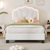 Twin Size Upholstered Flower-Shape Bed, Elegant Flowers Headboard with LED Light Strip , Sherpa N733P177307A